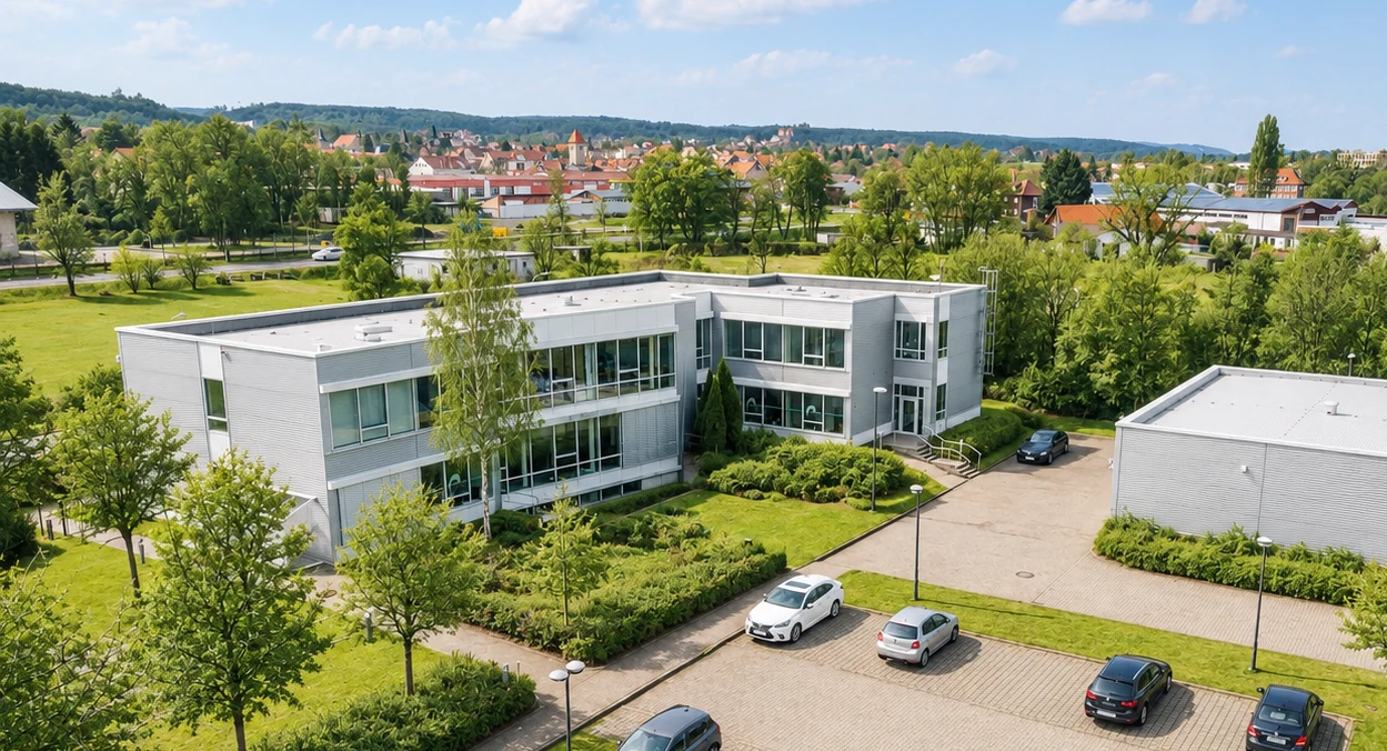 Gebäude der fondaco Außenstelle in Ballenstedt aus der Luft